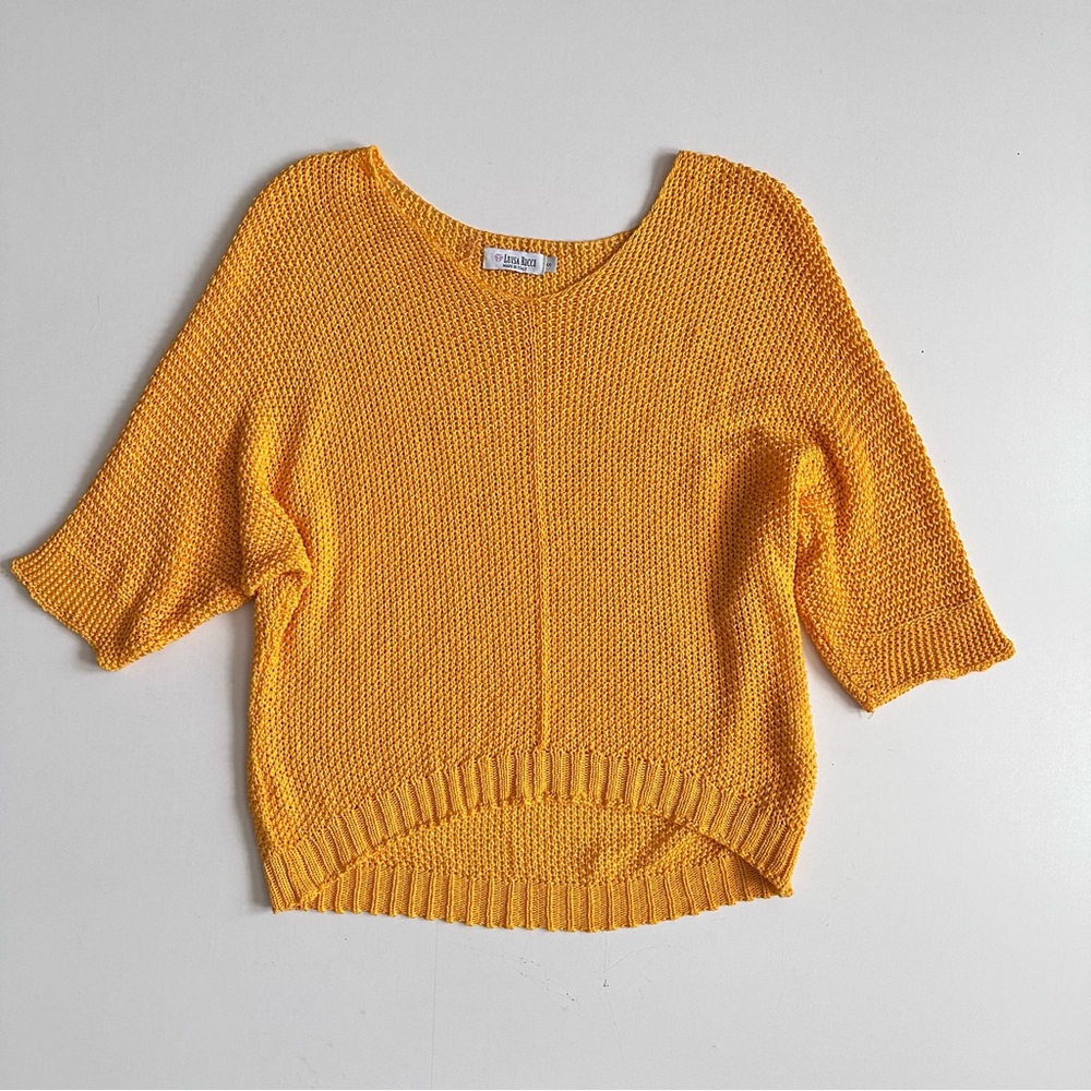 Luisa Ricci Crochet Yellow Knit Sweater Top Scoop Neck Size Small